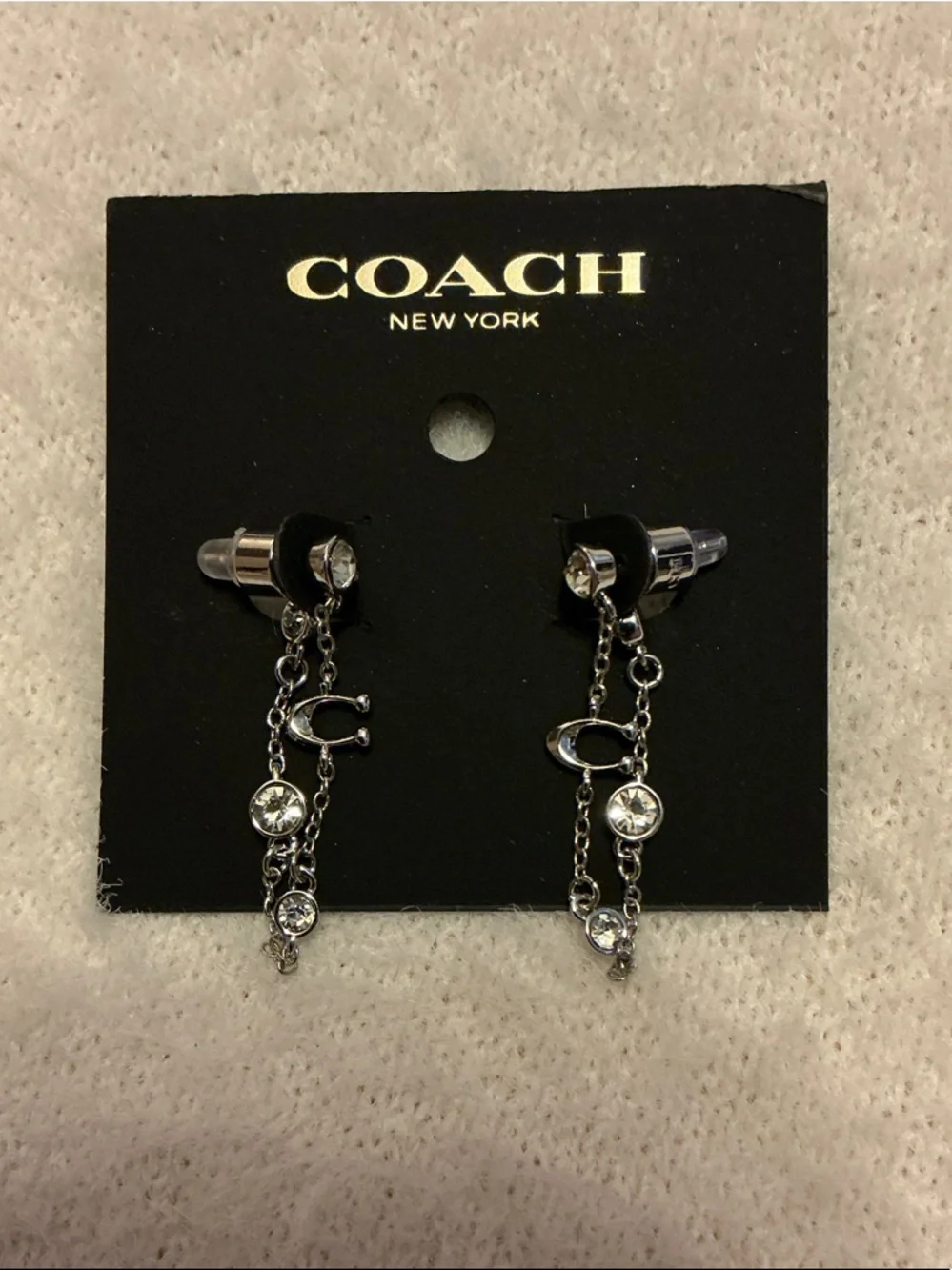 Coach Silver-Tone Dangling Chain Earrings with Clear Crystals - Picture 3 of 3